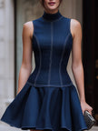 FJØRNA sleeveless high neck fit-and-flare mini cocktail dress displayed on a hanger with a plain background.