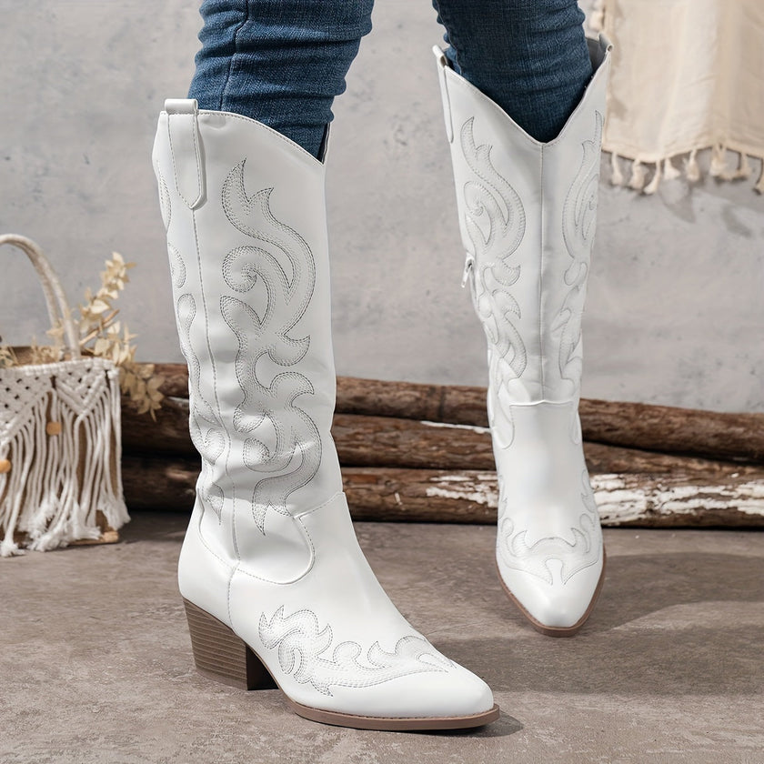 Cowboy Boots Embroidered Knee High Block Heel Pointed Toe Western Boots | Nanna