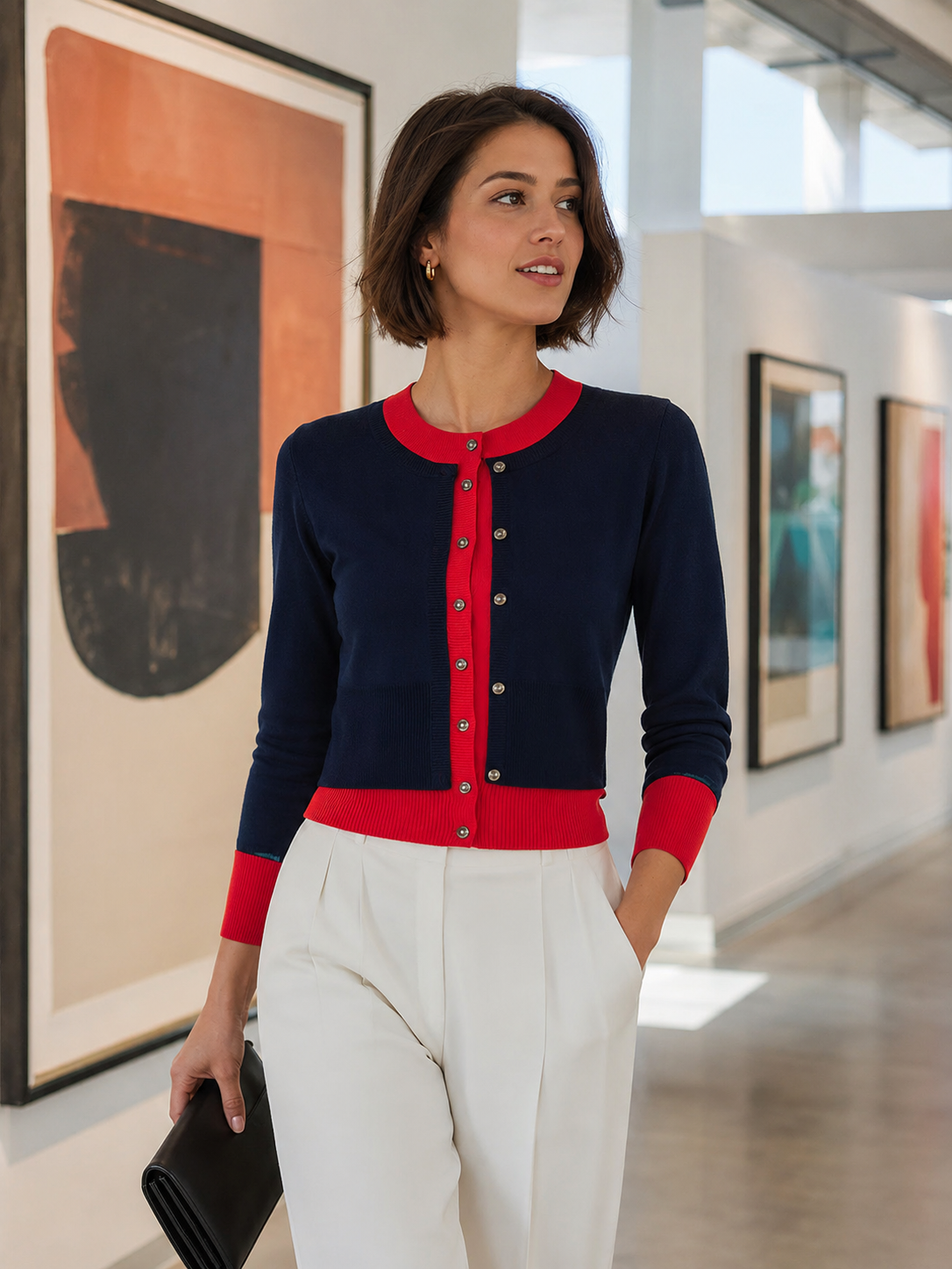 Navy and Red Layered-Look Knit Cardigan Color-Block Button-Down for Women