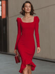 Red FJØRNA square-neck puff-sleeve bodycon midi dress for women, elegant red dress with a fitted silhouette and stylish design.