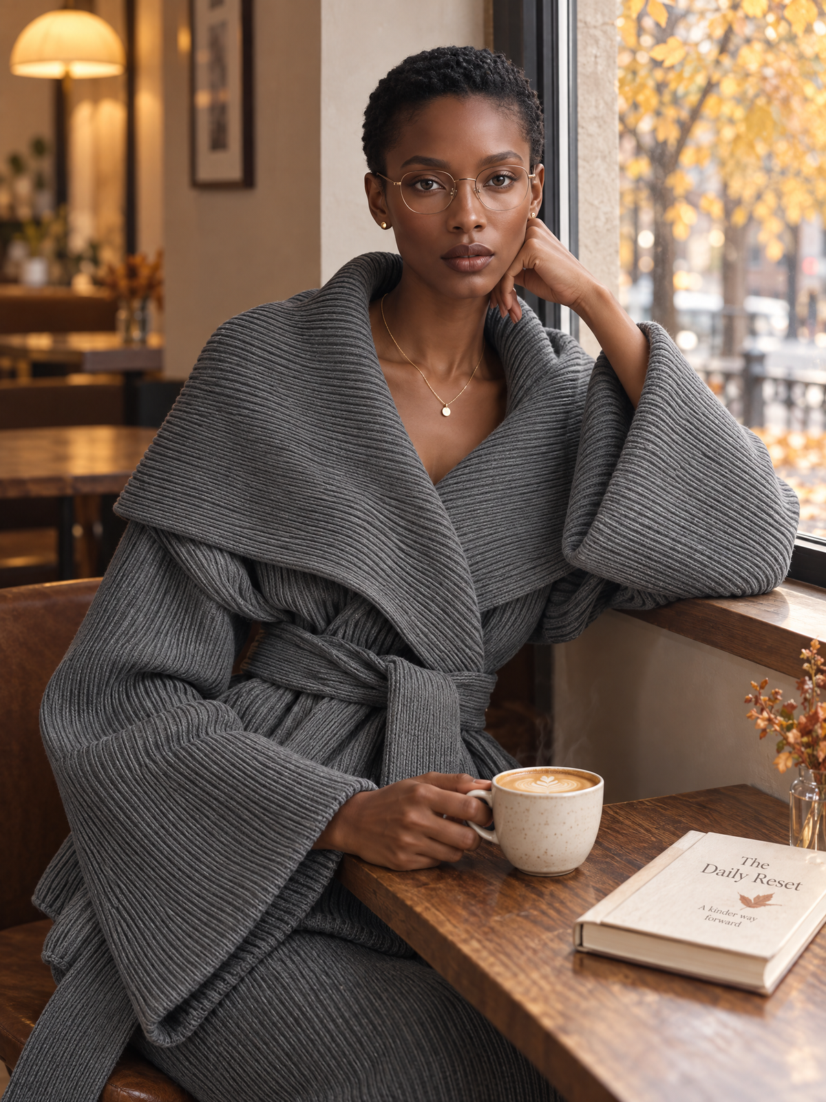 Chunky Ribbed Knit Wrap Cardigan in Grey with Shawl Collar and Tie Belt for Women