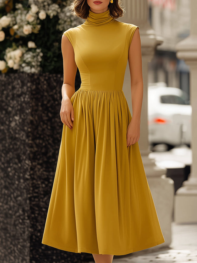 FJØRNA two-way convertible high-neck draped midi dress for women, featuring a stylish, versatile design in a flowy fabric.
