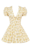 FJØRNA Emily Floral V-neck corset mini dress in white, featuring a fitted bodice and floral pattern, perfect for summer occasions.