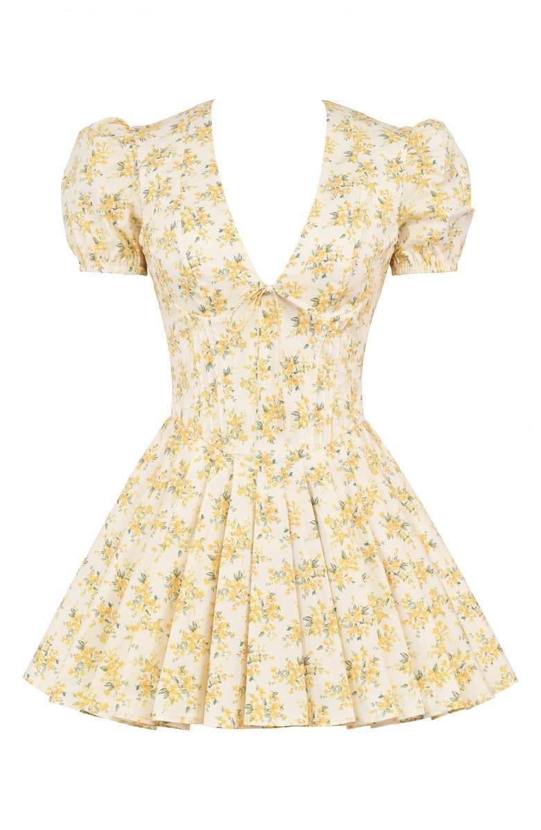 FJØRNA Emily Floral V-neck corset mini dress in white, featuring a fitted bodice and floral pattern, perfect for summer occasions.