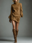 FJØRNA women's suede turtleneck mini dress, model walking on runway showcasing stylish, fitted dress with long sleeves and turtleneck.