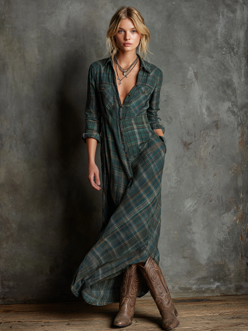 Dark green checkered FJØRNA women's maxi dress worn by a model, flowing and stylish for women’s fashion.