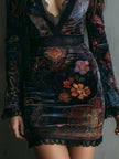 FJØRNA boho floral print velvet V-neck bodycon mini dress with long sleeves and fitted silhouette, perfect for stylish occasions