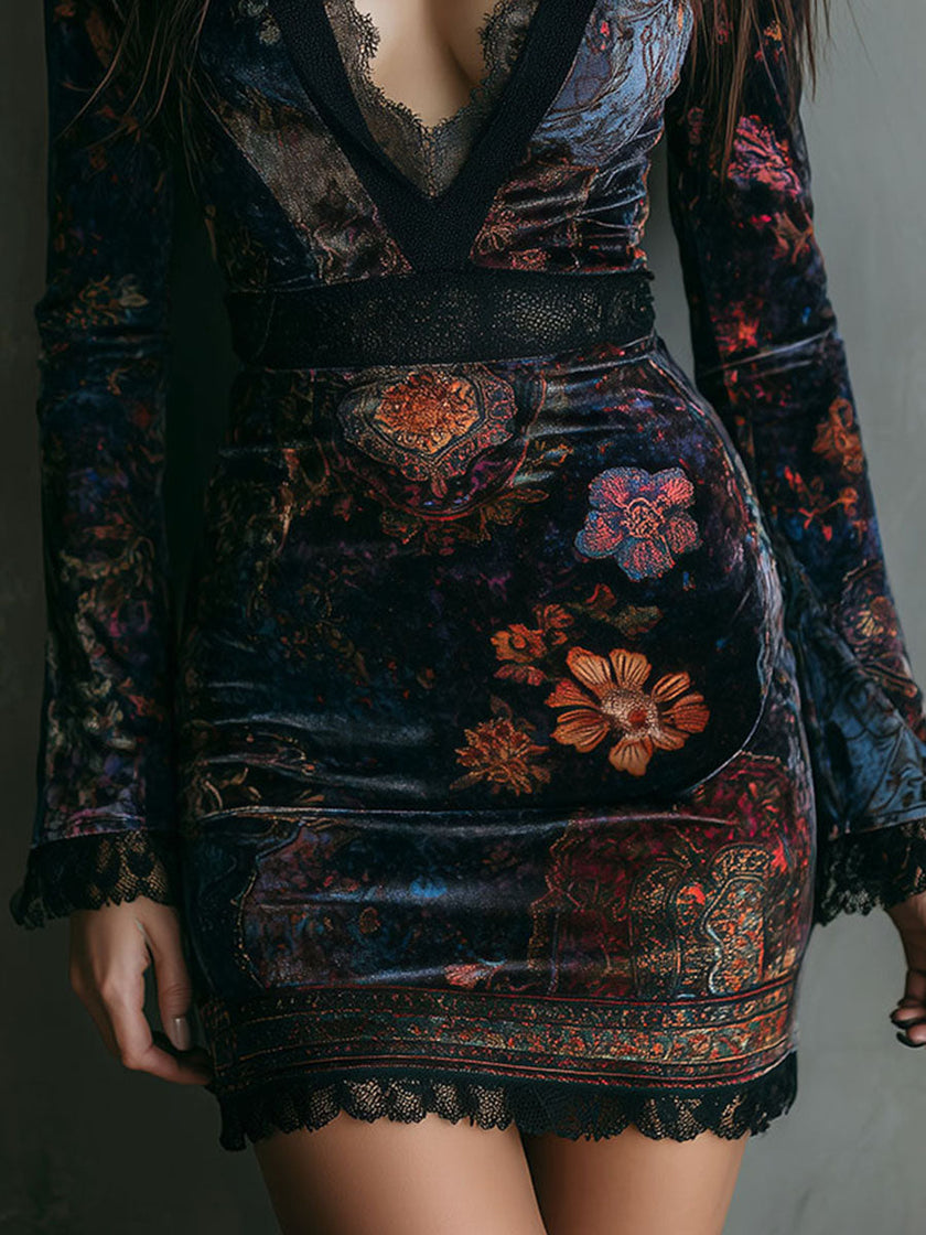 FJØRNA boho floral print velvet V-neck bodycon mini dress with long sleeves and fitted silhouette, perfect for stylish occasions
