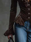 FJØRNA Cocoa Brown Velvet V-Neck Ruffled Long Sleeve Blouse with feminine ruffle details and V-neck design.