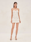 White Rosette Georgette Frilled Mini Dress by FJØRNA, elegant wedding guest dress with delicate rosette details and flowing frills.