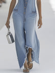Light blue denim sleeveless wide-leg jumpsuit with raw edges, designed for women by FJØRNA, shown on a hanger.