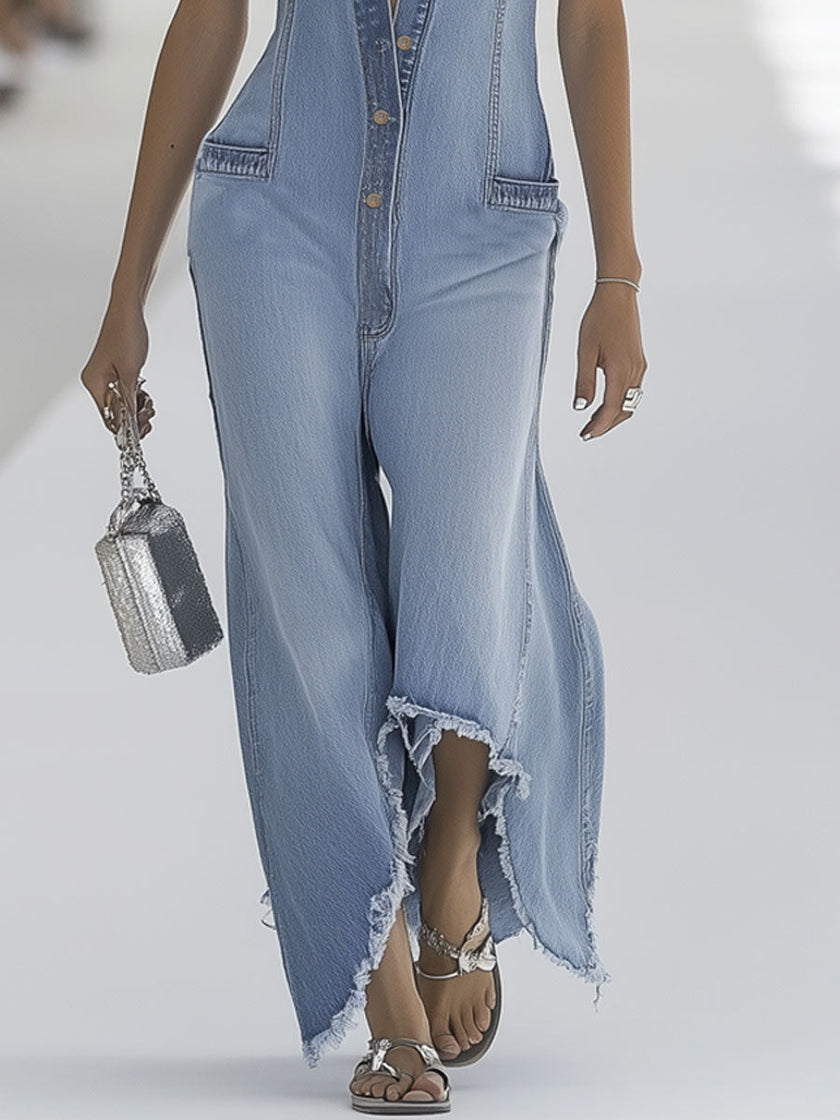 Light blue denim sleeveless wide-leg jumpsuit with raw edges, designed for women by FJØRNA, shown on a hanger.
