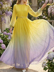 FJØRNA high waisted maxi dress with long sleeves, belt, contrast color gradient, pleated skirt, split joint, round neck.
