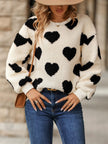 Heart Print Fleece Sweater Women Crew Neck Relaxed Fit