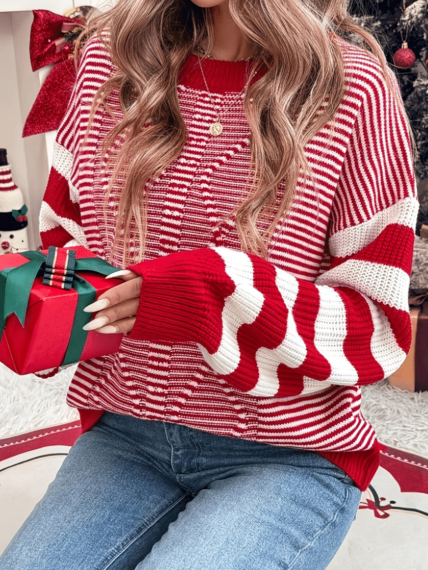 Oona | Women's Oversized Long Striped Crew-Neck Knit Christmas Sweater