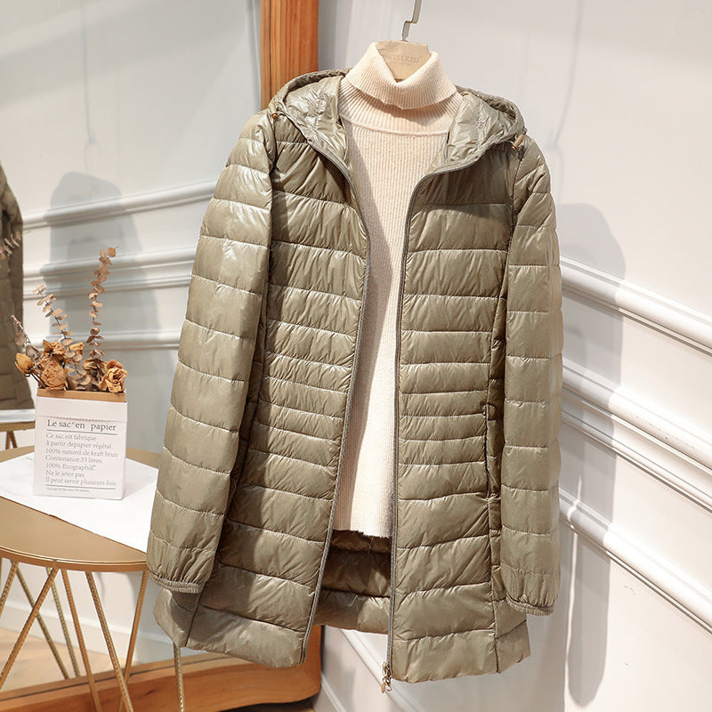 Quilted Jacket Women Hooded Zip Front Lightweight Mid-Length