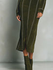 Olive green high-neck zip-up bodycon midi dress by FJØRNA, form-fitting with long sleeves and a sleek, stylish design.