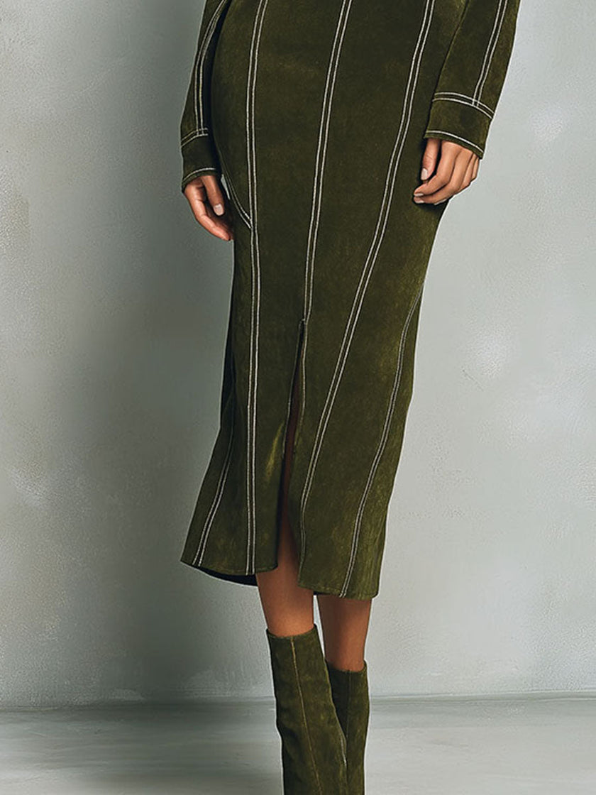 Olive green high-neck zip-up bodycon midi dress by FJØRNA, form-fitting with long sleeves and a sleek, stylish design.