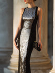 FJØRNA black sleeveless evening gown with sculpted panels, elegant design for formal occasions, women's fashion dress.