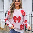 Bow Print Knit Sweater Women Crew Neck Relaxed Fit