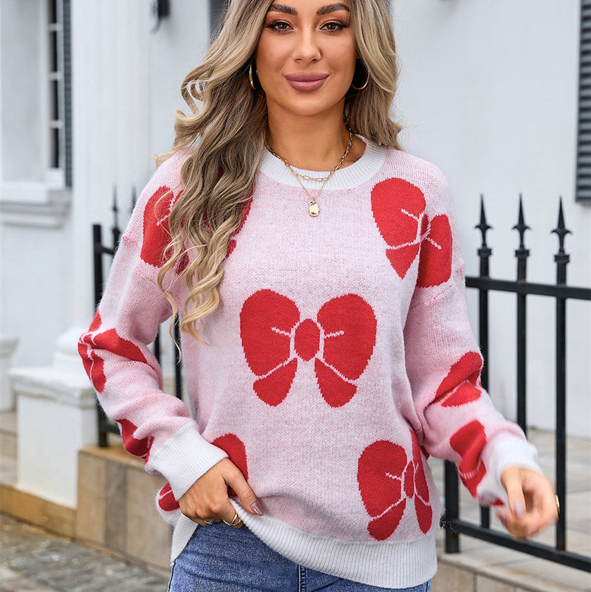 Bow Print Knit Sweater Women Crew Neck Relaxed Fit