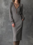 FJØRNA Ash Taupe Herringbone Knit Midi Dress, bohemian style, featuring a fitted bodice and flowing skirt with herringbone pattern.