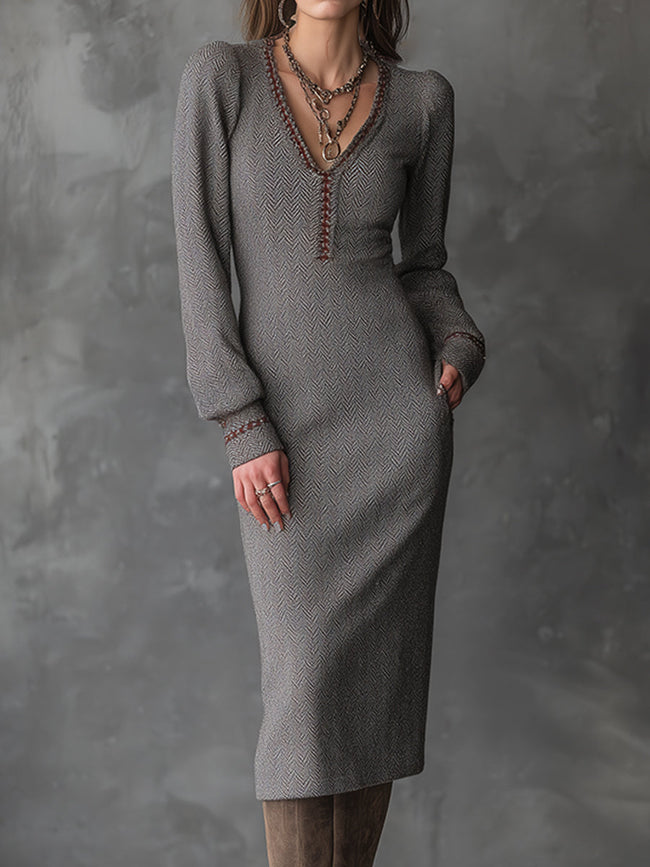 FJØRNA Ash Taupe Herringbone Knit Midi Dress, bohemian style, featuring a fitted bodice and flowing skirt with herringbone pattern.