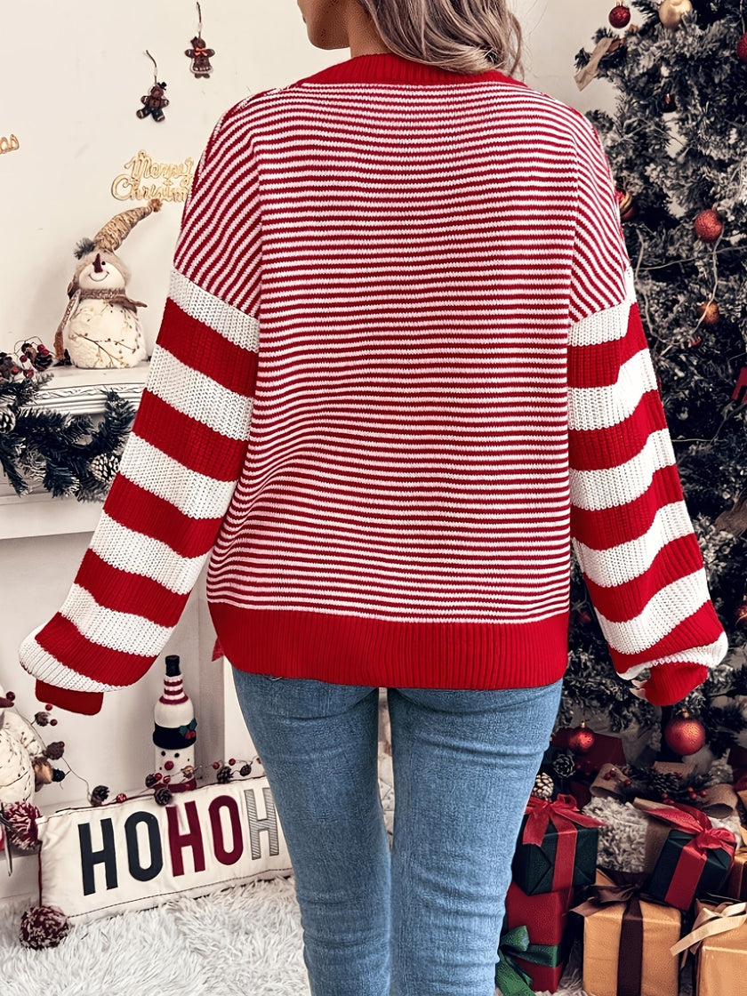 Oona | Women's Oversized Long Striped Crew-Neck Knit Christmas Sweater