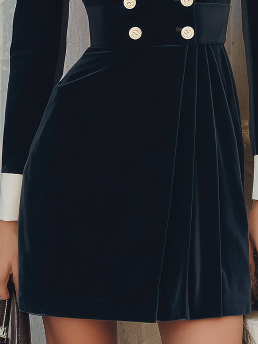 FJØRNA black velvet contrast-lapel tuxedo blazer mini dress, stylish dress with tailored fit and elegant lapel details.