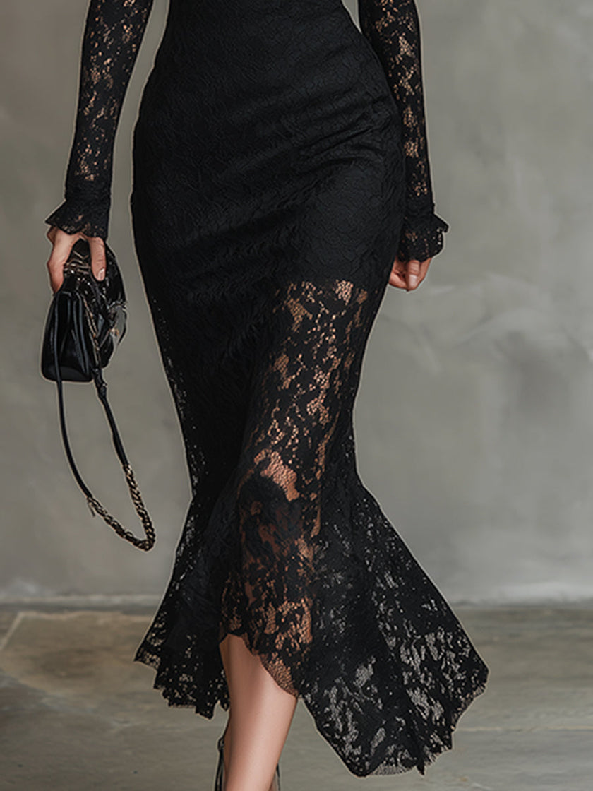 FJØRNA black lace fishtail maxi dress featuring elegant evening dress design with intricate lace details and a fitted silhouette.