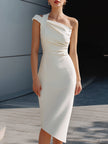 FJØRNA one-shoulder draped asymmetrical midi dress, elegant cocktail dress with flowing fabric and stylish design.