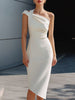 FJØRNA one-shoulder draped asymmetrical midi dress, elegant cocktail dress with flowing fabric and stylish design.