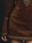 FJØRNA brown suede embroidered boho mini dress showcasing a leather dress look with intricate embroidery and relaxed fit.