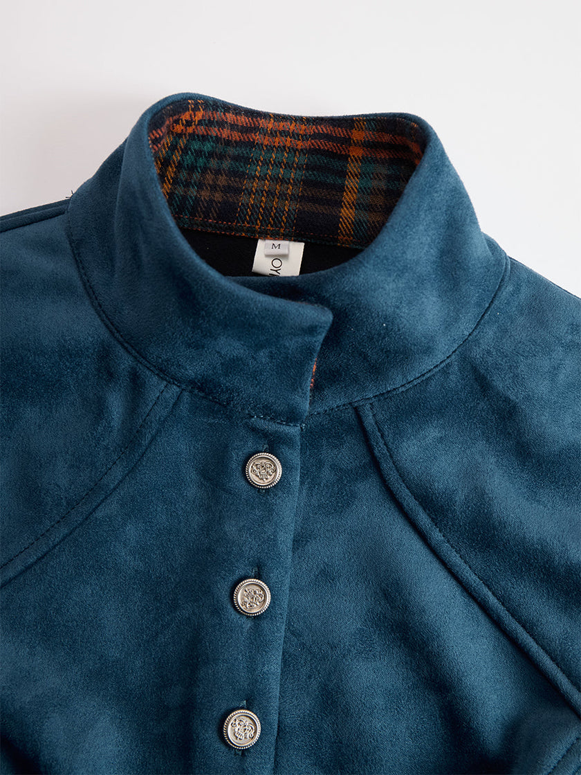Blue faux suede maxi dress by FJØRNA featuring a casual, flowing silhouette with long sleeves and a round neckline.