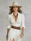 FJØRNA elegant women's maxi dress with V-neck and belt, flowing fabric perfect for stylish occasions.