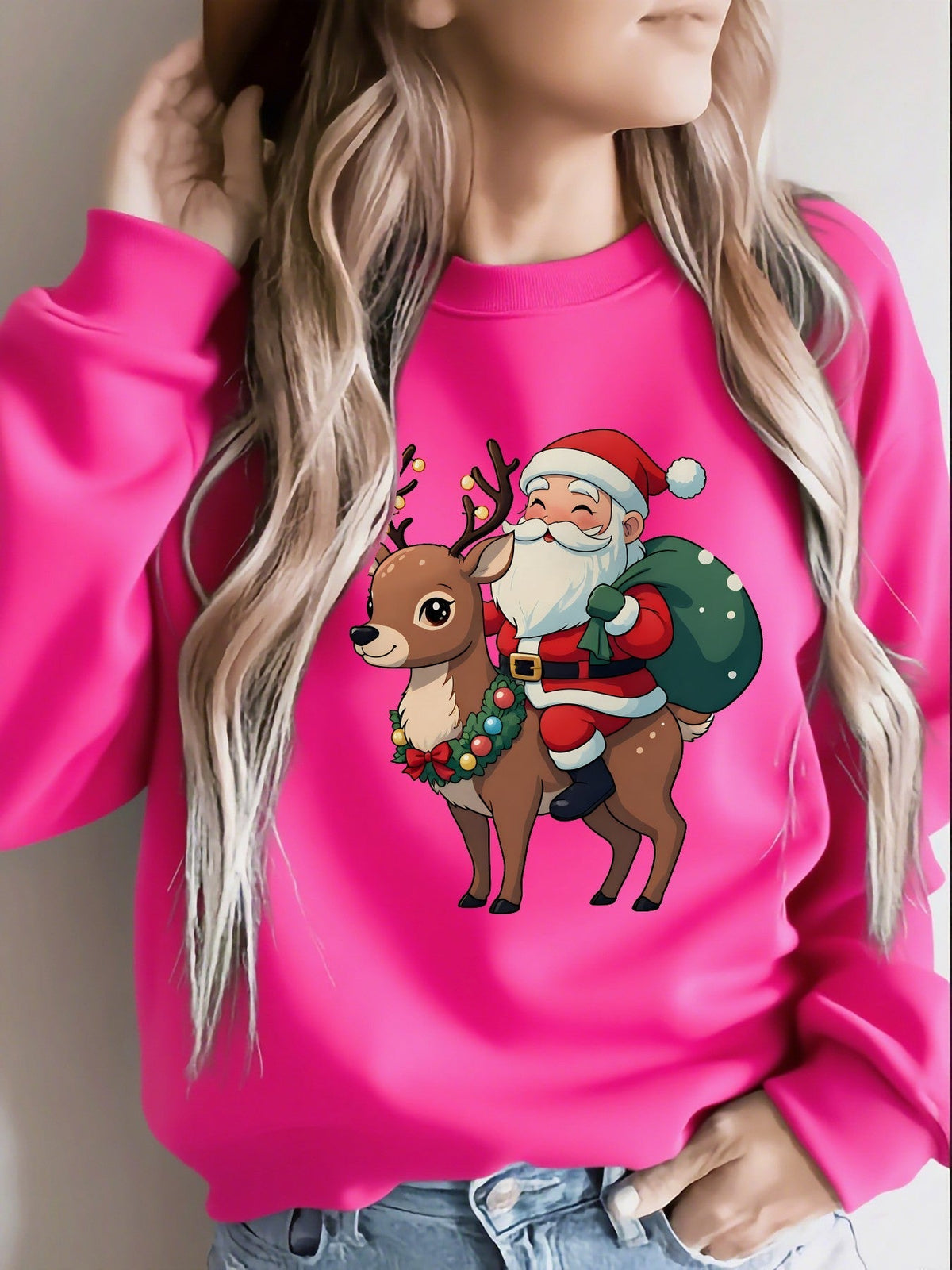Ugly Christmas Sweater Reindeer Santa Fleece Crew Neck Tacky Holiday Jumper | Cosima