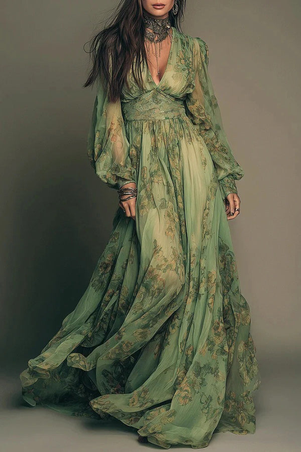 FJØRNA botanical print V-neck long-sleeved fitted waist casual maxi dress, showing a flowy floral design on soft fabric.
