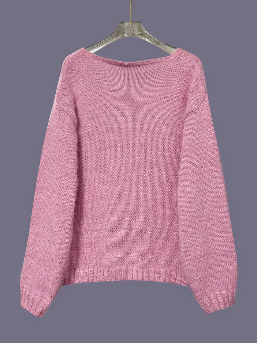V-Neck Knit Sweater Women Relaxed Fit Long Sleeve