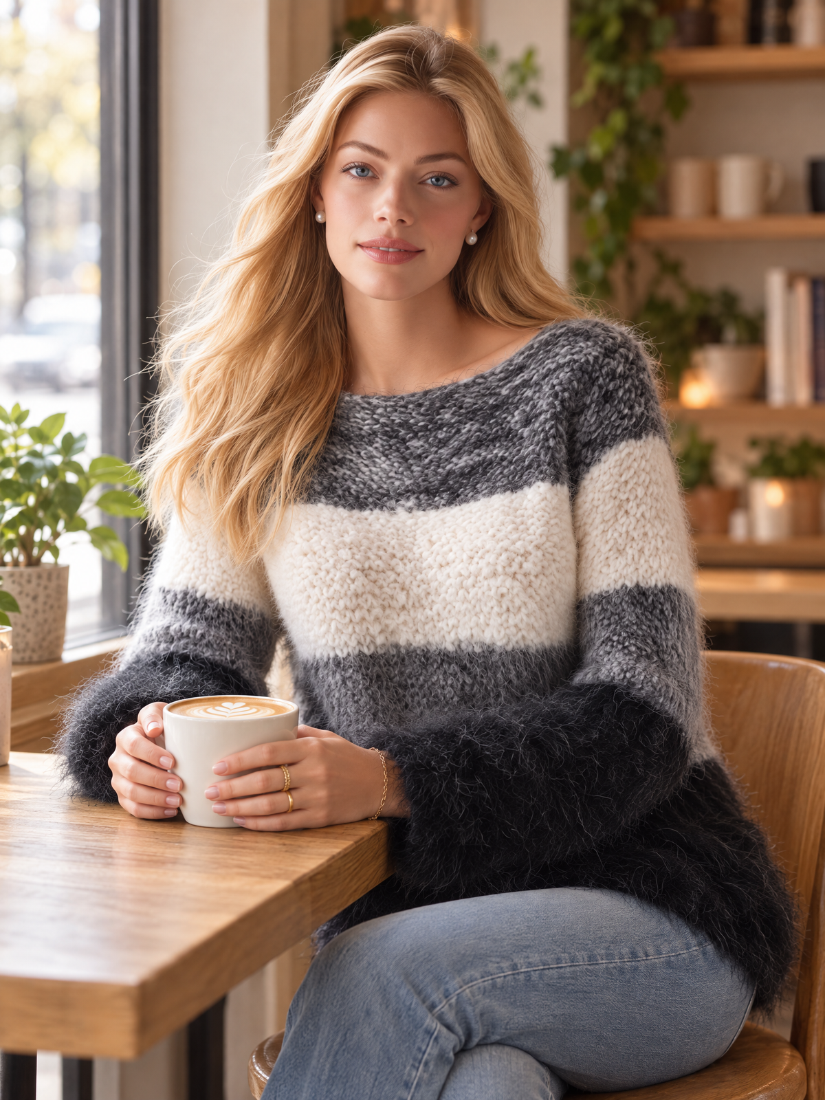 Fuzzy Mohair-Style Striped Sweater Oversized Boat Neck Color-Block for Women