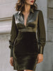 FJØRNA satin and velvet panelled shirt-style mini dress with long sleeves and a classic collar, displayed on a hanger.