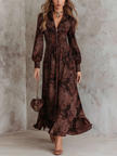 FJØRNA retro zipper neck long sleeve paisley print women's midi dress with a stylish design and classic pattern.
