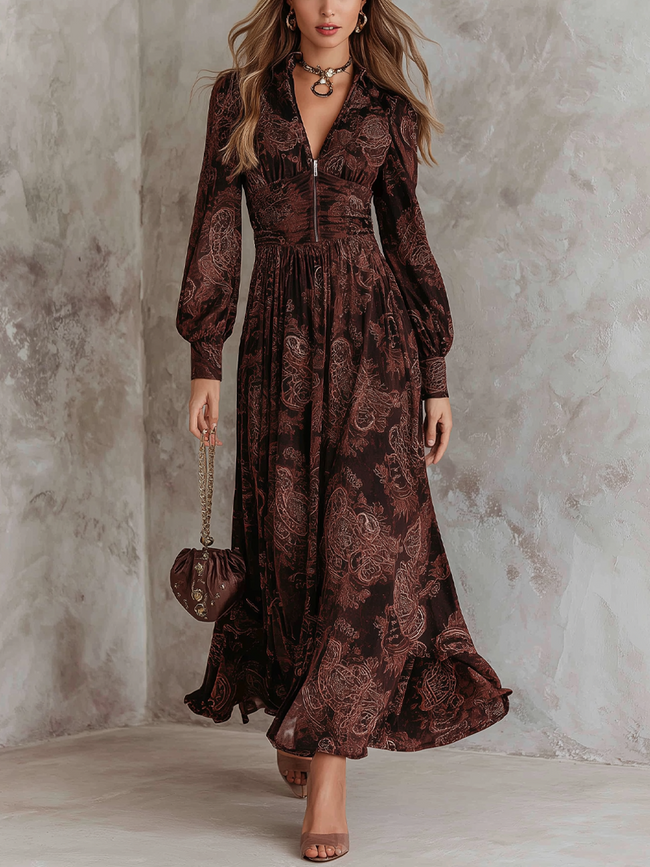 FJØRNA retro zipper neck long sleeve paisley print women's midi dress with a stylish design and classic pattern.