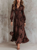 FJØRNA retro zipper neck long sleeve paisley print women's midi dress with a stylish design and classic pattern.