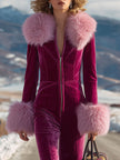 Rose red velvet faux fur collar flared jumpsuit for women, showcasing stylish pants from FJØRNA with a fitted waist and wide legs.