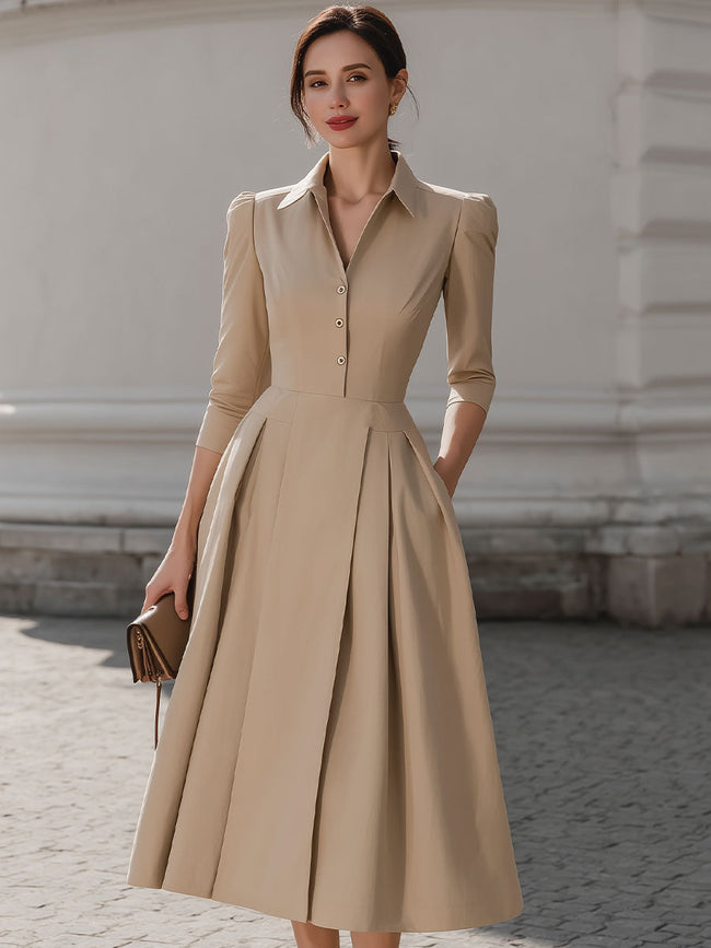Beige FJØRNA shirt-collar pleated midi dress for women, featuring a classic collar, pleats, and midi length in a stylish design.