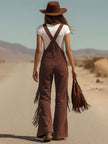 FJØRNA women's brown micro suede tassel wide-leg dungarees, stylish pants with tassel details and a relaxed fit.