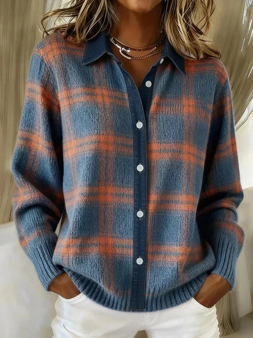 Brushed Knit Collared Button-Front Cardigan with Check Pattern for Women | Yvie