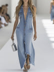 Light blue denim sleeveless raw edge wide-leg jumpsuit for women by FJØRNA, featuring a relaxed fit and stylish design.