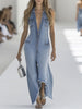 Light blue denim sleeveless raw edge wide-leg jumpsuit for women by FJØRNA, featuring a relaxed fit and stylish design.