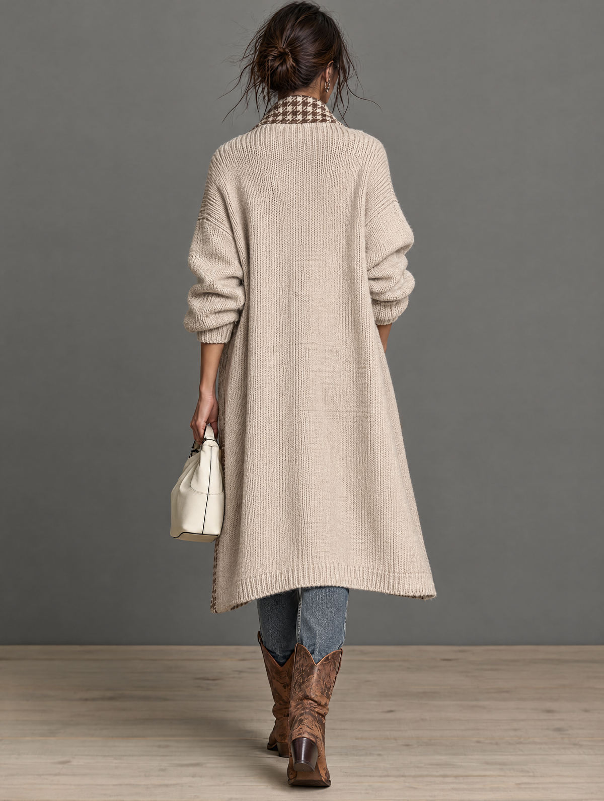 Houndstooth Knit Cardigan with Lapel Collar and Tailored Fit for Women